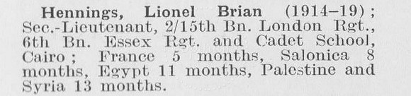 Hennings L B 2nd Lt 15th London Regiment