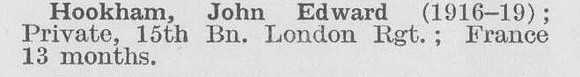 Hookham J E Pte 15th London Regiment