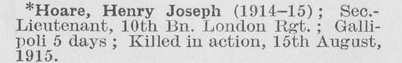 Hoare H J 2nd Lt 10th London Regiment