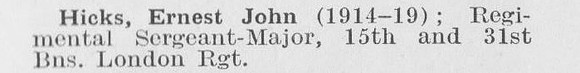 Hicks E J Regt Sergt Maj 15th London Regiment