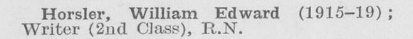 Horsler W E Writer 2nd Class Royal Navy