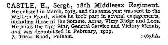 Castle E Sergt 18th Middlesex Regiment