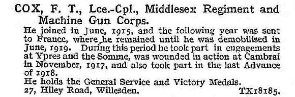 Cox F T L/Cpl Middlesex Regiment And Machine Gun Corps