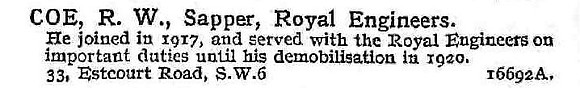 Coe R W Sapper Royal Engineers