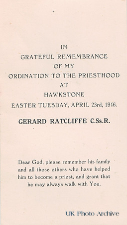 Father Gerard Ratcliffe Ordination Card Back