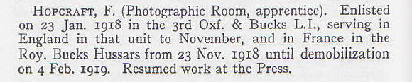 Hopcraft F Pte Royal Buckinghamshire Hussars Short Record Of Service War Record Of The Oxford University Press 1923