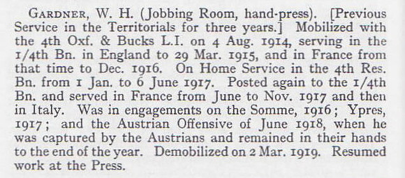 Gardner W H Pte 4th Oxford & Bucks Light Infantry Short Record Of Service War Record Of The Oxford University Press 1923