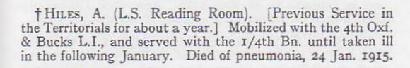 Hiles A Pte 1686 4th Oxford & Bucks Light Infantry Short Obit War Record Of The Oxford University Press 1923