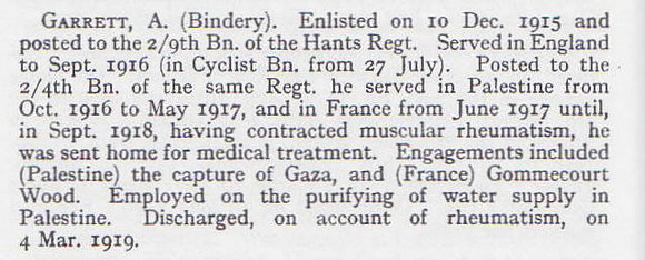 Garrett A Pte 4th Hampshire Regiment Short Record Of Service War Record Of The Oxford University Press 1923