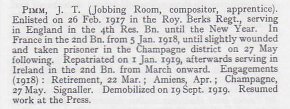 Pimm J T Sig 2nd Royal Berkshire Regiment Short Record Of Service War Record Of The Oxford University Press 1923