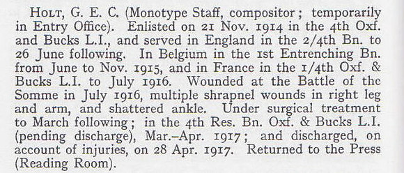 Holt G E C Pte 4th Oxford & Bucks Light Infantry Short Record Of Service War Record Of The Oxford University Press 1923