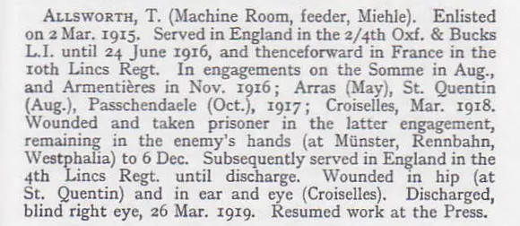 Allsworth T Pte 4358 4th Oxfordshire and Buckinghamshire Light Infantry Short Record Of Service War Record Of The Oxford University Press 1923