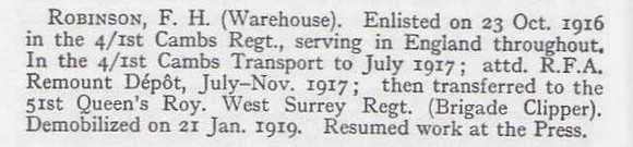 Robinson F H Pte 1st Cambridgeshire Regiment