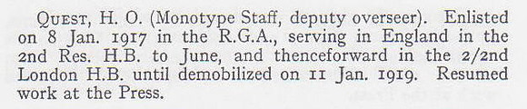 Quest H O Pte Royal Garrison Artillery Short Record Of Service War Record Of The Oxford University Press 1923
