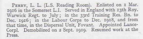 Perry L L LCpl 13th Royal Warwickshire Regiment Short Record Of Service War Record Of The Oxford University Press 1923