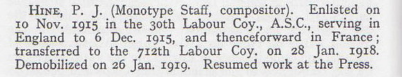 Hine P J Pte Army Service Corps Short Record Of Service War Record Of The Oxford University Press 1923