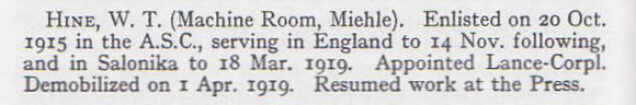 Hine W T LCpl Army Service Corps Short Record Of Service War Record Of The Oxford University Press 1923