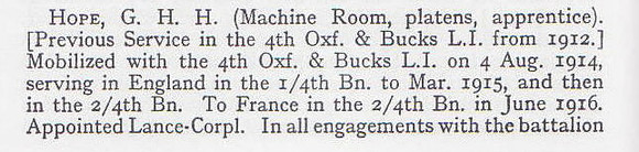 Hope G H H LCpl 4th Oxford & Bucks Light Infantry Short Record Of Service Part 1 War Record Of The Oxford University Press 1923