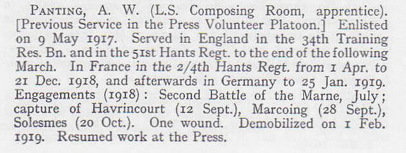 Panting A W Pte 4566 4th Hampshire Regiment Short Record Of Service War Record Of The Oxford University Press 1923