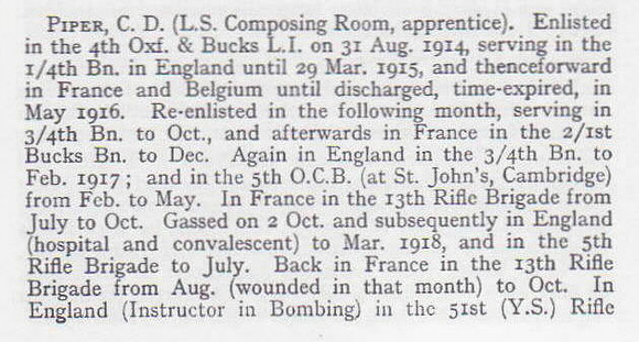 Piper C D Lt 51st Rifle Brigade Short Record Of Service Part 1 War Record Of The Oxford University Press 1923