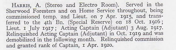 Harris A Captain 4th Notts & Derby Regiment Short Record Of Service War Record Of The Oxford University Press 1923