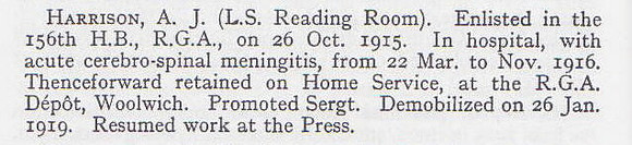Harrison A J Sergt Royal Garrison Artillery Short Record Of Service War Record Of The Oxford University Press 1923