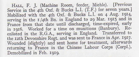 Hall F J Cpl 12th Devonshire Regiment Short Record Of Service War Record Of The Oxford University Press 1923