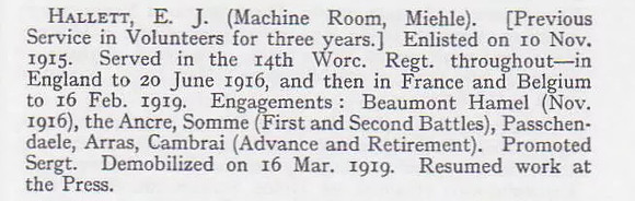Hallett E J Sergt 14th Worcestershire Regiment Short Record Of Service War Record Of The Oxford University Press 1923