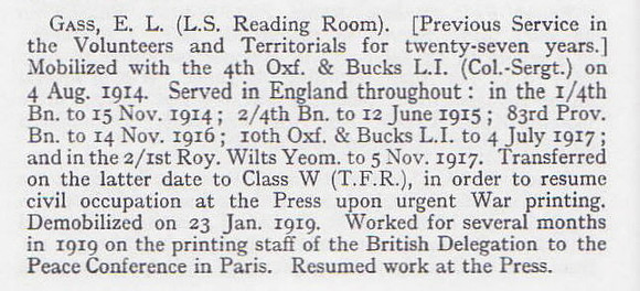 Gass E L Col Sergt 4th Oxford & Bucks Light Infantry Short Record Of Service War Record Of The Oxford University Press 1923