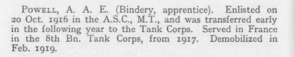 Powell A A E Pte 91512 Tank Corps Short Record Of Service War Record Of The Oxford University Press 1923