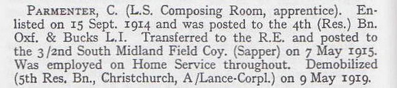 Parmenter C Sapper Royal Engineers Short Record Of Service War Record Of The Oxford University Press 1923