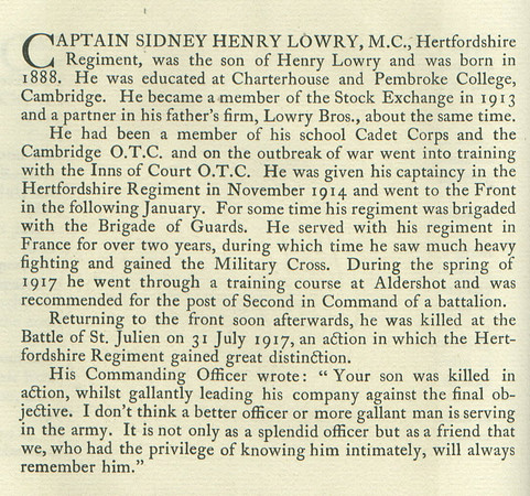 Lowry S H Captain MC Obit