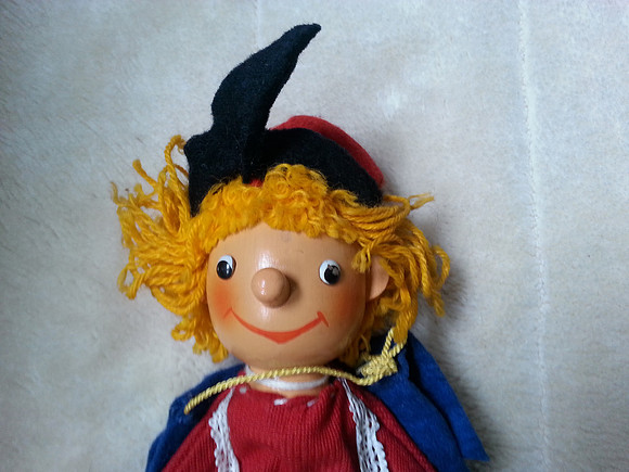 Vintage Wooden Glove Puppet With Wooden Head And Fabric Body