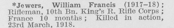 Jewers W F Rfn 10th Kings Royal Rifle Corps