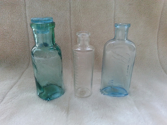 Three Vintage Glass Bottles Boots Furniture Polish And Medicine