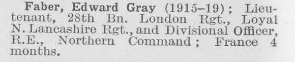 Faber E G Lt 28th London Regiment (LCC Chief Engineers Department Central Office)