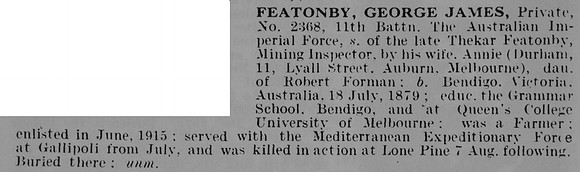 Featonby G J Pte 2368 11th Australian Imperial Force