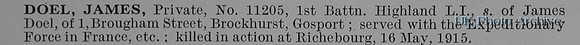 Doel J Pte 11205 1st Highland Light Infantry Obit