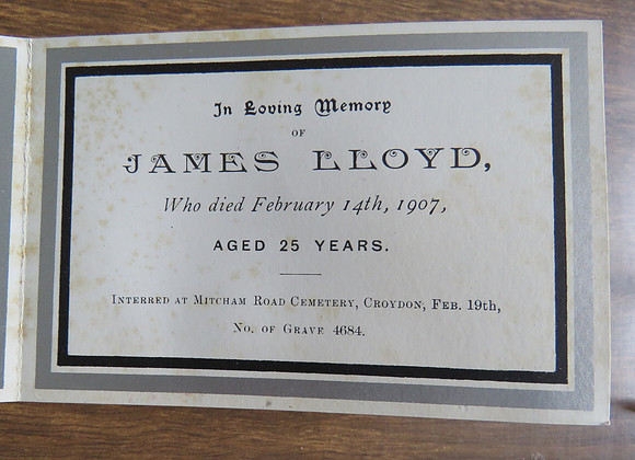 Memorial Card James Lloyd 65 Union Road Croydon Died 14th Feb 1907