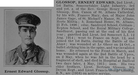 Glossop E E 2nd Lt 1st Somerset Light Infantry Obit