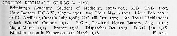 Gordon R G Major DSO Royal Garrison Artillery Obit