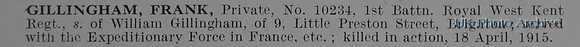 Gillingham F Pte 10234 1st Royal West Kent Regiment Obit