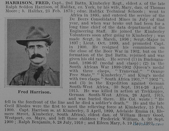 Harrison F Captain 2nd Kimberley Regiment South African Forces Obit