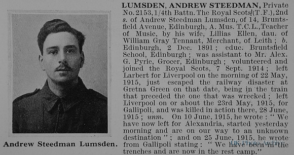 Lumsden A S Pte 2153 4th Royal Scots Obit De Ruvignys Roll Of Honour Vol 1