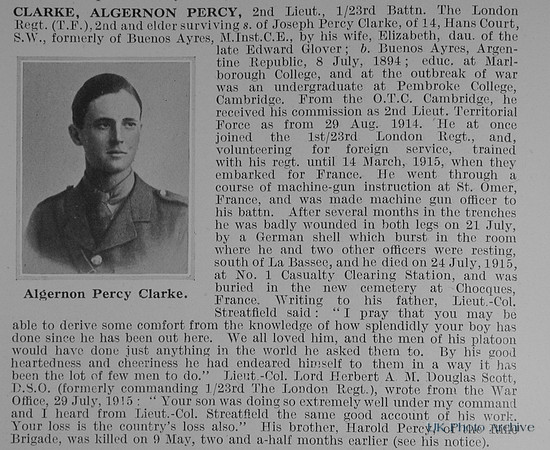Clarke A P 2nd Lt 23rd London Regiment Obit