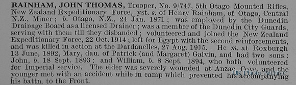 Rainham J T Tpr 9/747 5th Otago Mounted Rifles Obit