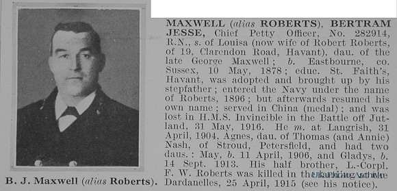 Maxwell (Alias Roberts) B J CPO 282914 HMS Invincible Royal Navy Obit