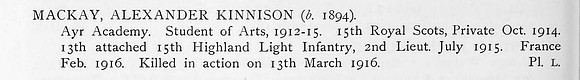 MacKay A K 2nd Lt 15th Highland Light Infantry Obit