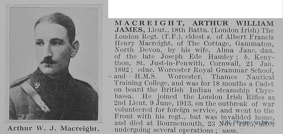 MacReight A W J Lt 18th London Regiment Obit