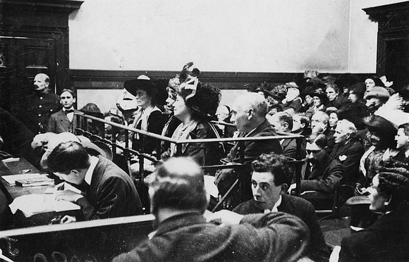 Frederick and Emmeline Pethick Lawrence and Emmeline Pankhurst and Mabel Tuke In Court 1912.